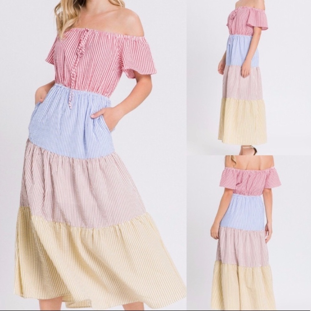 𝅺Urban Outfitters Seersucker Colorblock Midi Dress Extra Small NWT